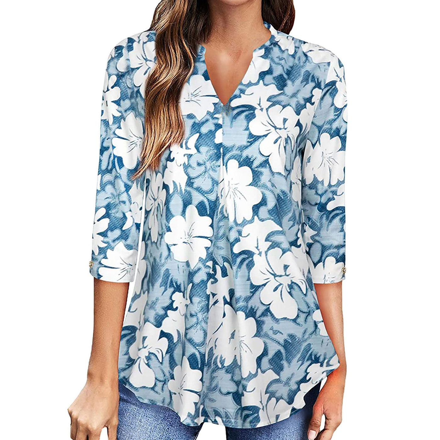 Flowers Print Tops V Neck Long Sleeve Blouse