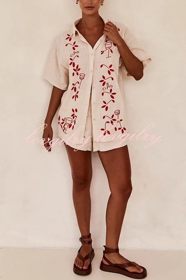 Unique Artistic Embroidered Button Lace Up Pocket Shorts Set