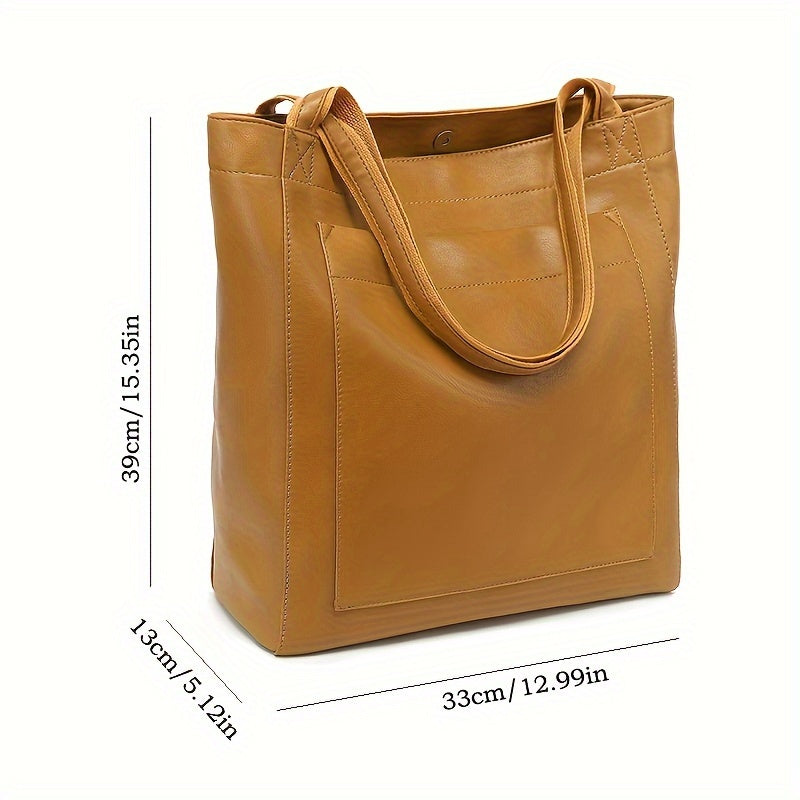 Retro Solid Color Tote Bag - Oil Leather PU, Multi-Pocket Shoulder Bag