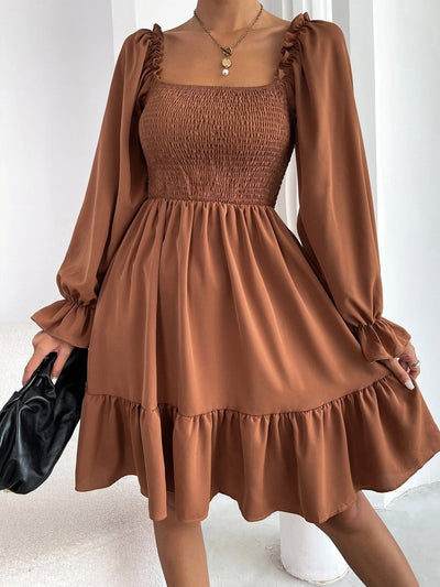 Women's Square Neck Flared with Ruffled Long Sleeves Dress