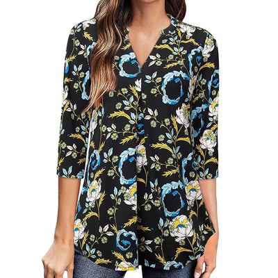 Flowers Print Tops V Neck Long Sleeve Blouse