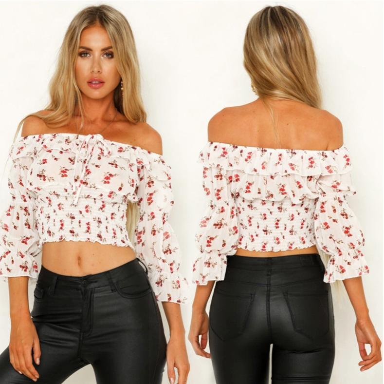 One-neck pleated short-sleeved printed tube top