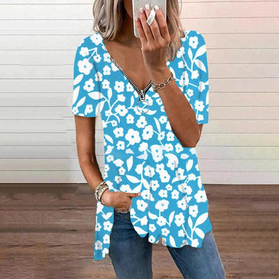 Women's V-neck Zipper Loose Floral T-shirt