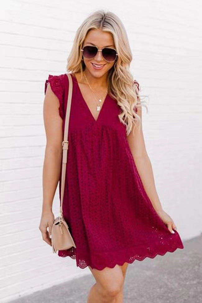 Summer Sleeveless V-Neck Lace Beach Dress with Pockets