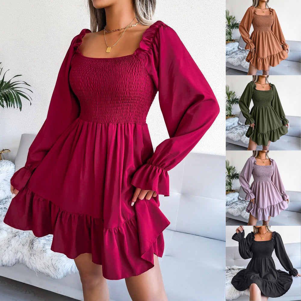 Women's Square Neck Flared with Ruffled Long Sleeves Dress