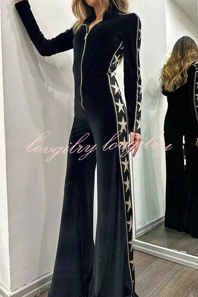 Star-print Velvet Patchwork Zipped Wide-leg Jumpsuit