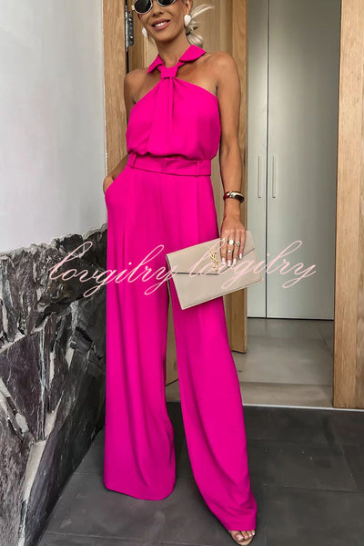 Fashionable Unique Look Halter Shirt Collar Wide Leg Jumpsuit