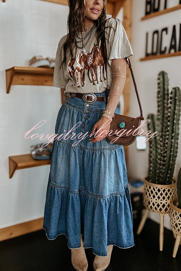 Bohemian High Rise Button Up Loose Denim Pocket Maxi Skirt