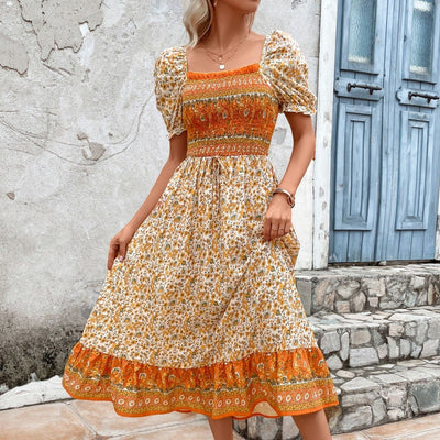 Bohemian Square Collar Puff Sleeve Printed Women's Dress