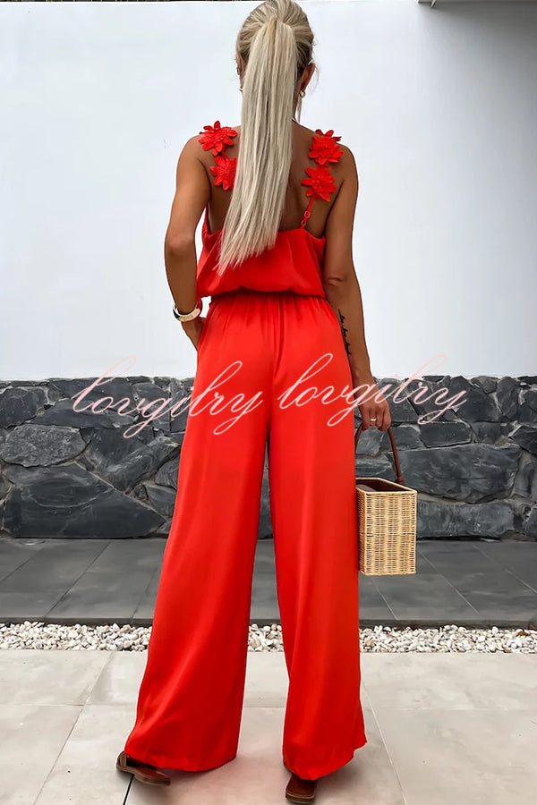 Trendy Embroidered Flower Suspenders Jumpsuit