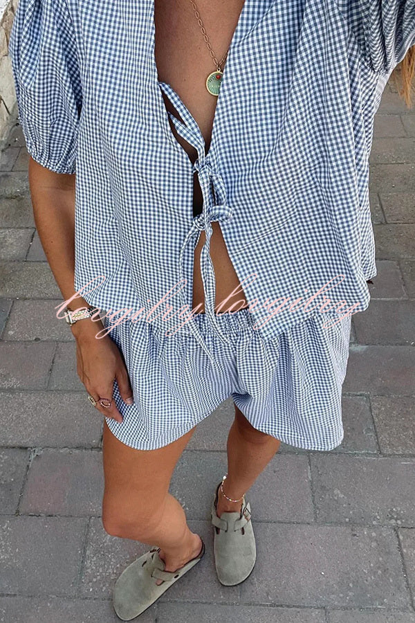 Fresh and Sweet Plaid Front Lace-up Puff Sleeve Top and Elastic Waist Shorts Set