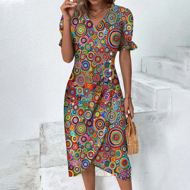 Geometric Collage Puff Sleeve Irregular Hem Dress