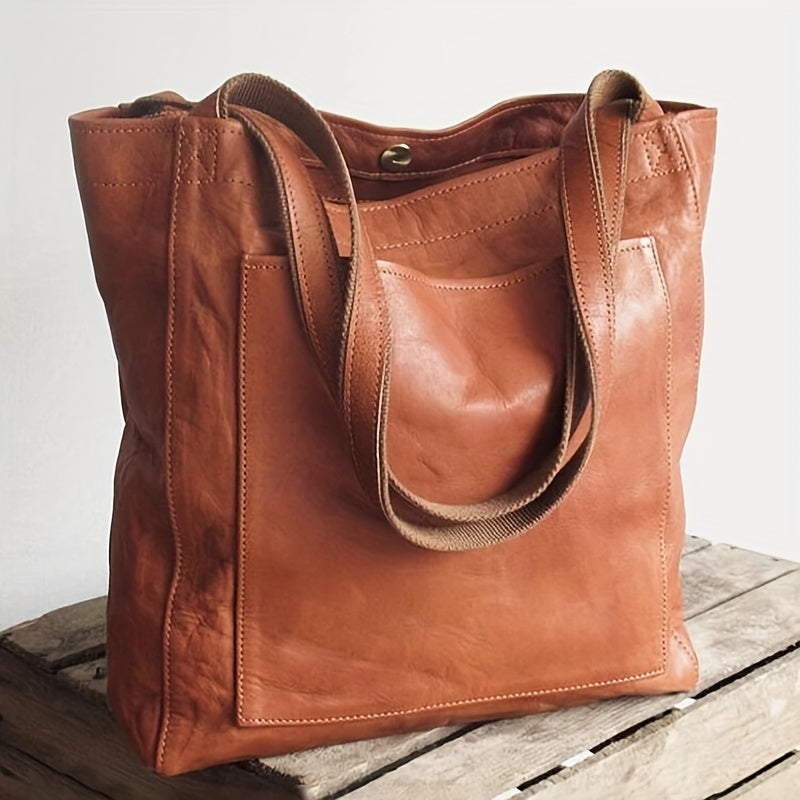 Retro Solid Color Tote Bag - Oil Leather PU, Multi-Pocket Shoulder Bag