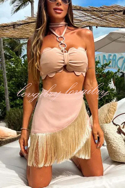 Solid Color Halter Neck Tassel Skirt Stretch Two-piece Bikini Swimsuit