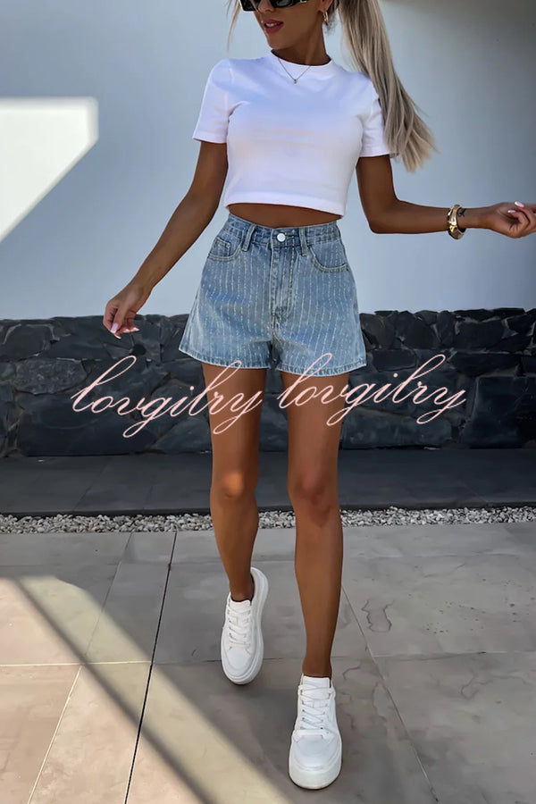 Fashion Rhinestone Loose Pocket Denim Shorts