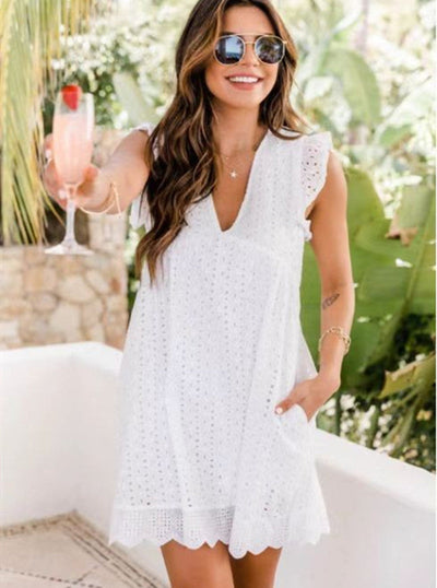 Summer Sleeveless V-Neck Lace Beach Dress with Pockets