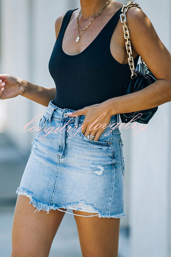 Ripped Frayed Pocket Denim Skirt