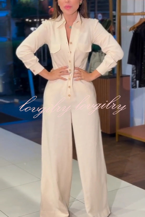 Linen Blend Lapel Long Sleeve Button Pocket Wide Leg Jumpsuit