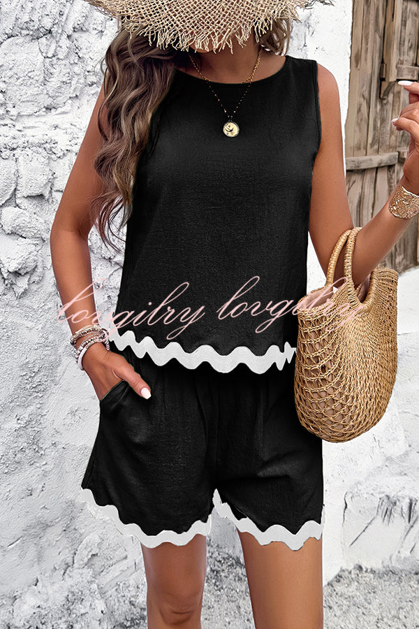 Casual Wavy Edge Buttoned Elastic Waist Shorts Set