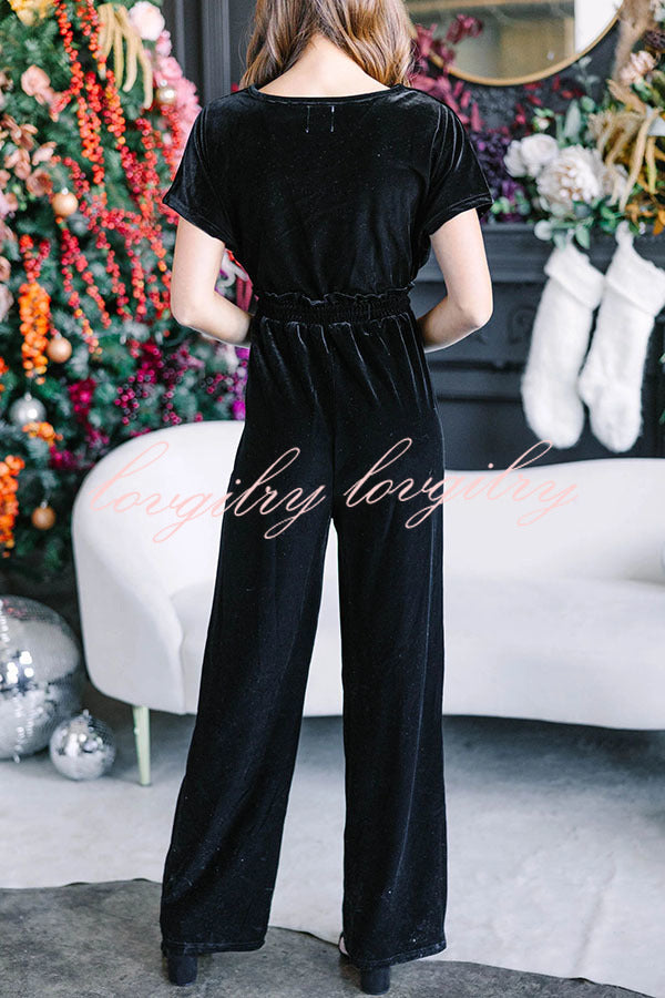 Holiday Star Velvet Lace Up Pocket Wide Leg Jumpsuit