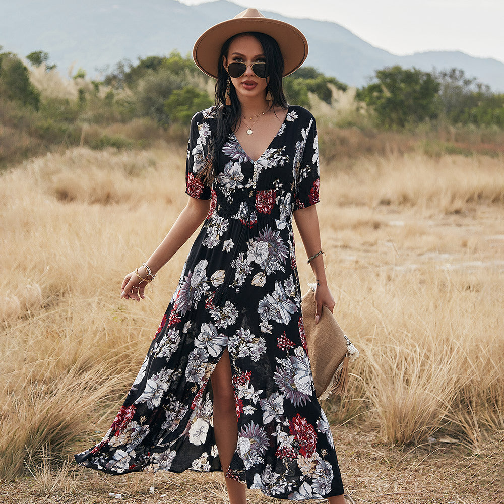 Floral Summer V-Neck Elastic Waist Dresses