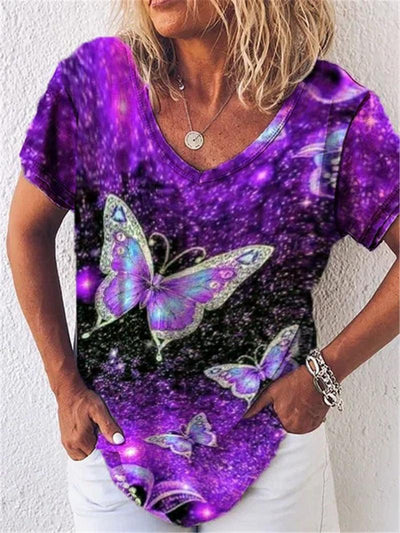 Summer Popular Floral Print Short-sleeved V-neck T-shirt