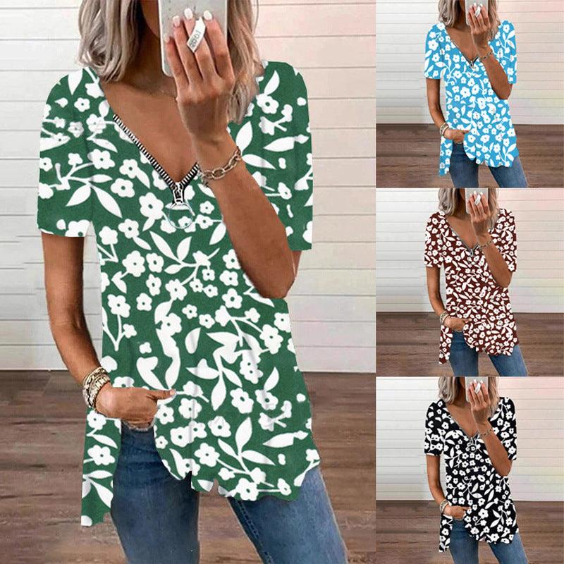 Women's V-neck Zipper Loose Floral T-shirt