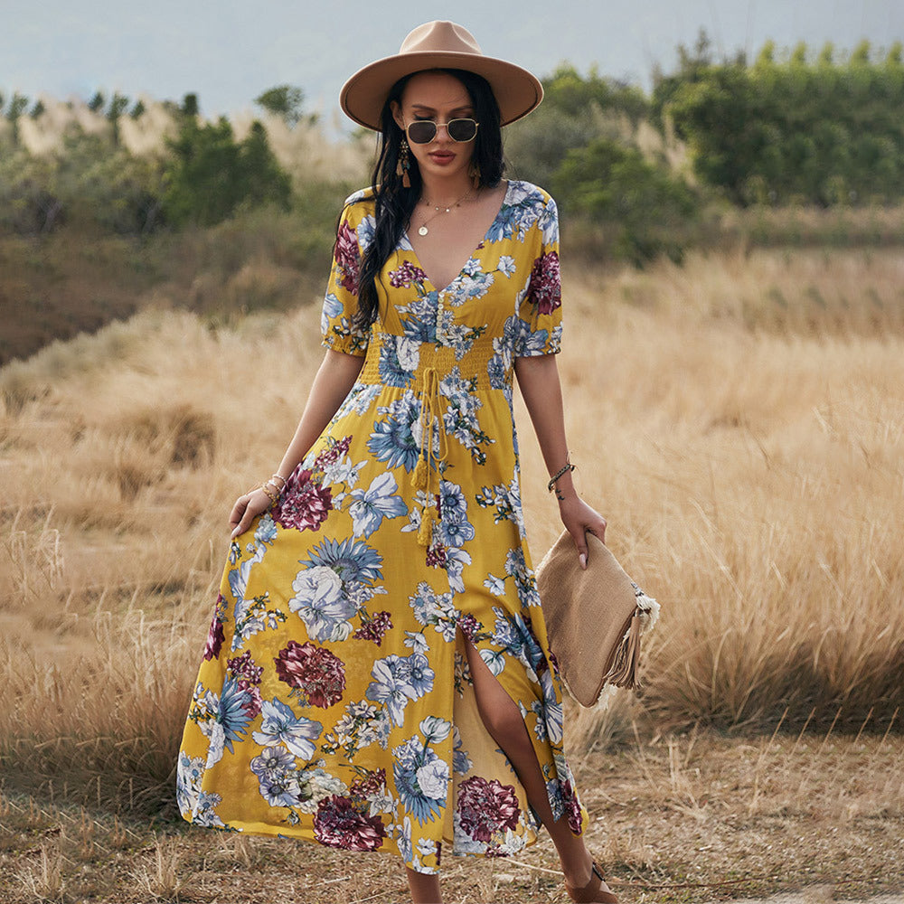 Floral Summer V-Neck Elastic Waist Dresses