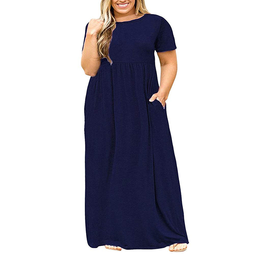 Short Sleeve Round Neck Solid Color Dress