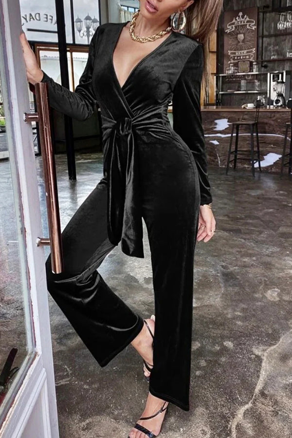 Solid Color Velvet Deep V Belt Slim Jumpsuit