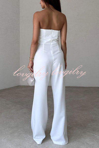 Solid Color Sexy Tube Top Gold Button Embellished Bootcut Jumpsuit