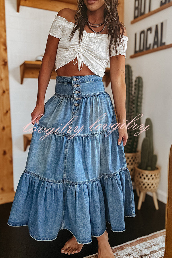 Bohemian High Rise Button Up Loose Denim Pocket Maxi Skirt