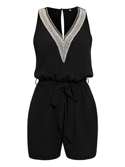 Casual Lace V-neck Sleeveless Tops Tie-up Shorts Jumpsuit