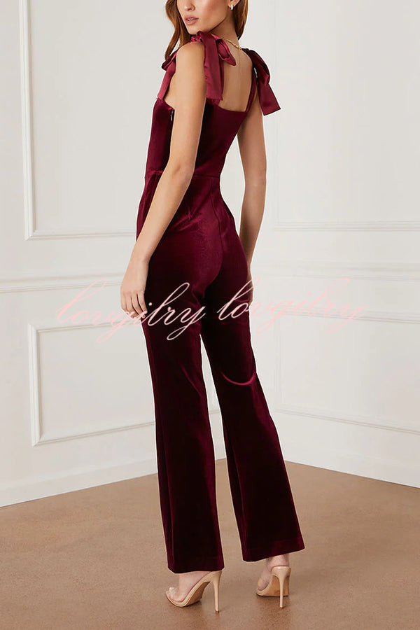 Merlot Sippin' Velvet Shoulder Tie Flare Stretch Jumpsuit