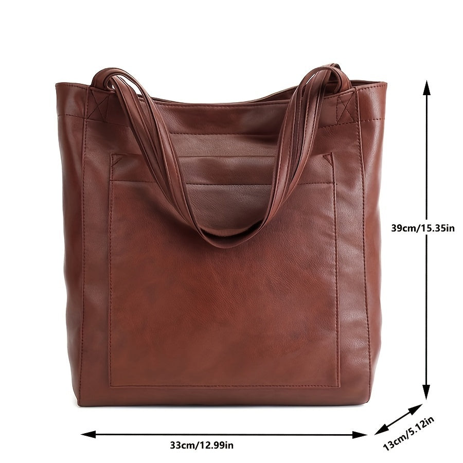 Retro Solid Color Tote Bag - Oil Leather PU, Multi-Pocket Shoulder Bag