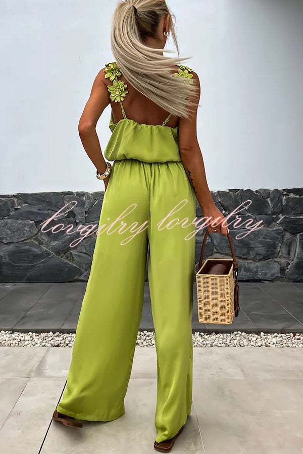 Trendy Embroidered Flower Suspenders Jumpsuit