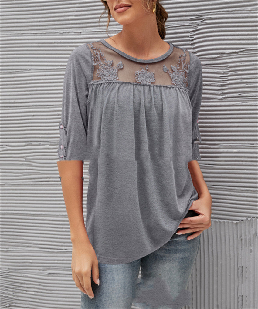 Women's Long Sleeve Lace Pleated Top