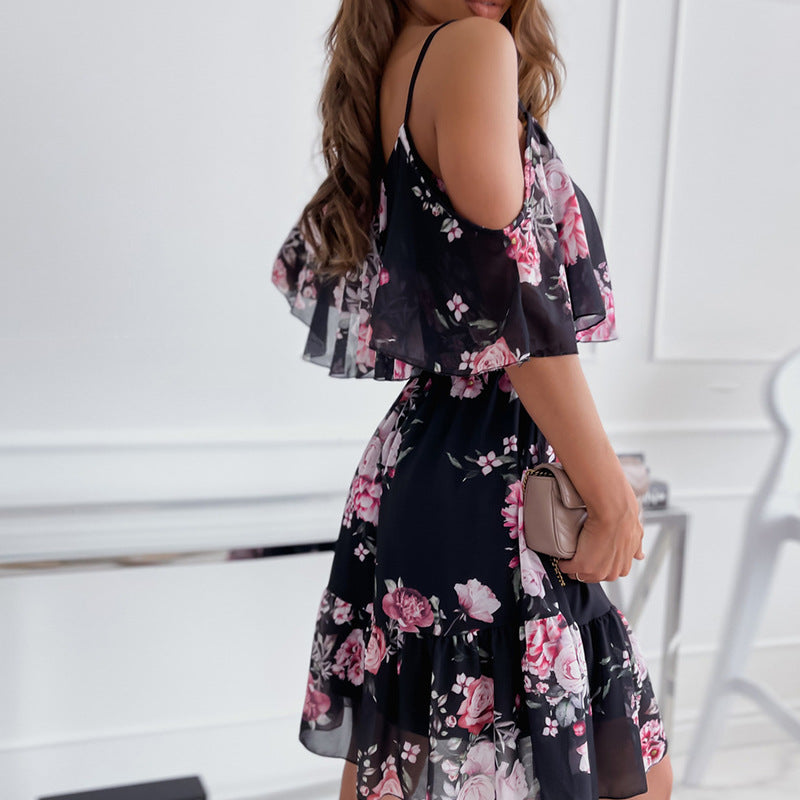 Flower Printed Summer V-neck Stitching Off-the-shoulder Strap Dress