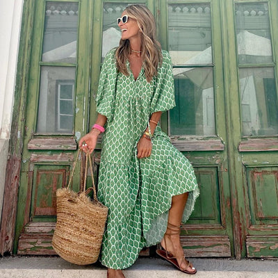 Vintage Printed Bohemian Dress Loose V-Neck Half Sleeve Maxi Dresses