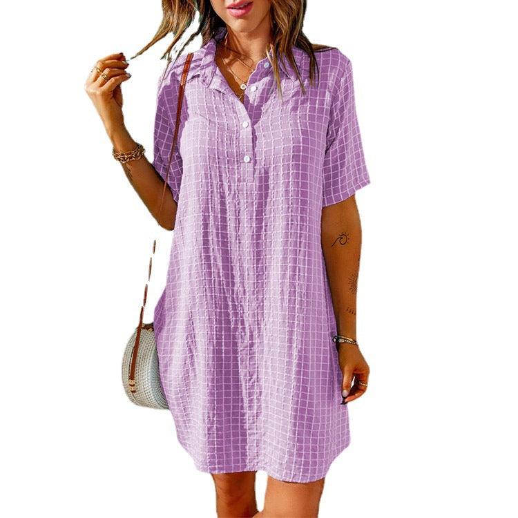 Check Neck Button Short Sleeve Shirt Dress