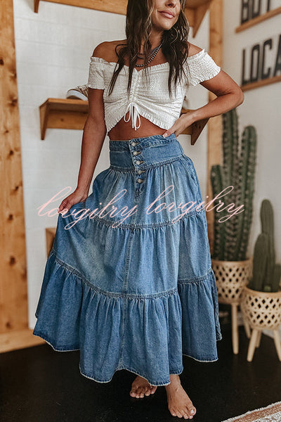 Bohemian High Rise Button Up Loose Denim Pocket Maxi Skirt