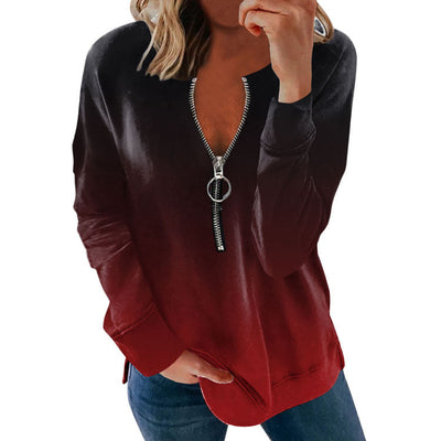 V-neck Long-sleeved Faded Flame Loose Zipper T-shirt