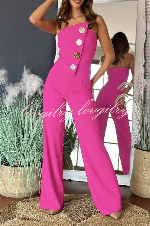 Solid Color Sexy Tube Top Gold Button Embellished Bootcut Jumpsuit