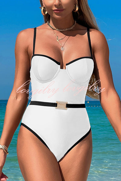 Fashionable Contrast-color Overlock Stretch One-piece Swimsuit