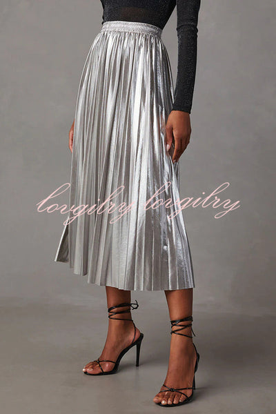 Yuletide Glow  Metallic Fabric Pleated Elastic Waist Midi Skirt