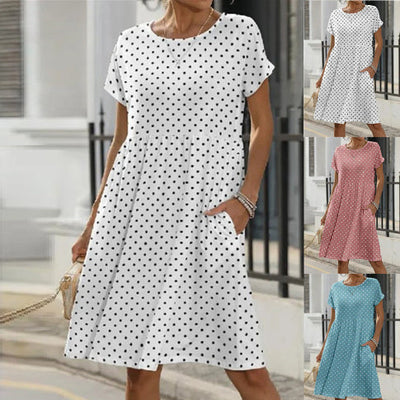 Summer Polka Dot Print Dress with Short Sleeves and Round Neck