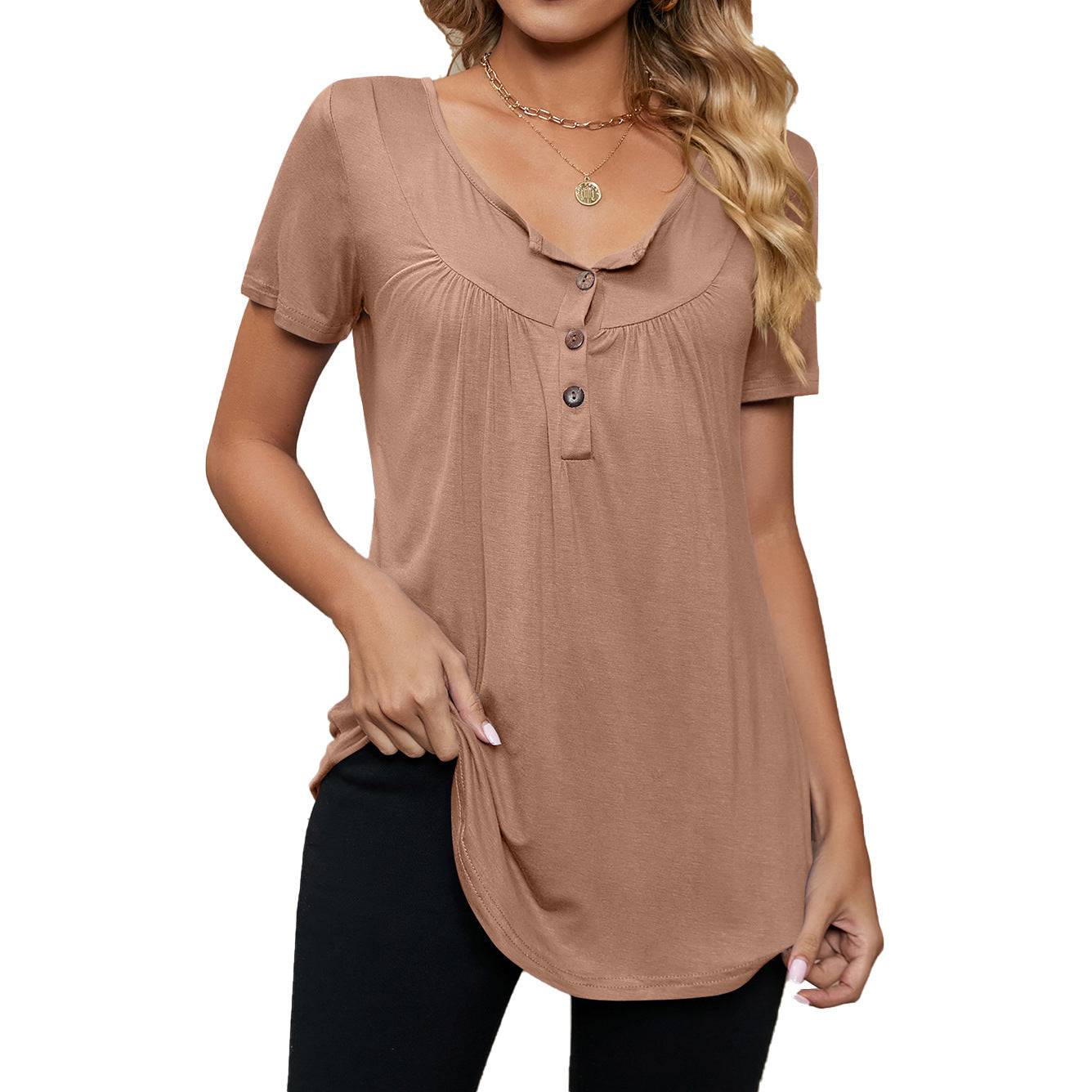 Solid Color Pleated Button Loose Short Sleeved Women's T-Shirt