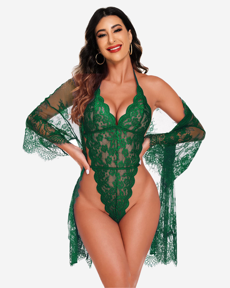 2 Piece Set Lace Robe with Teddy