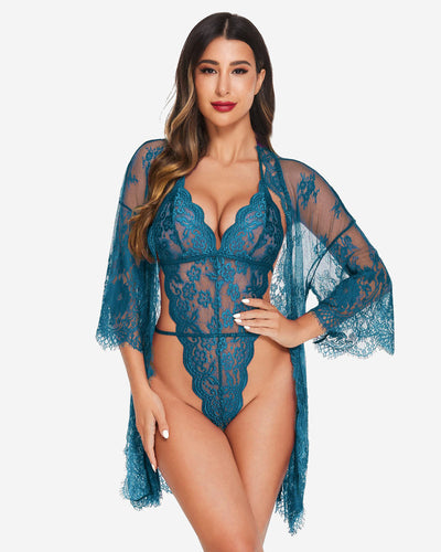 2 Piece Set Lace Robe with Teddy