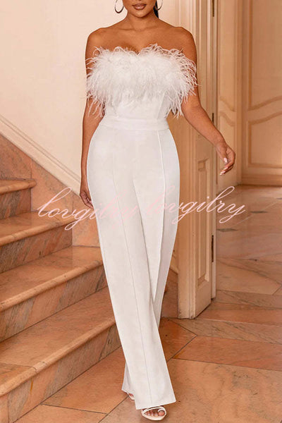 First Class High Rise Feather Stretch Waist Jumpsuit